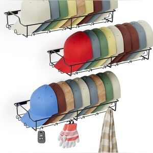 Wall Hat Racks for Baseball Caps, Each Metal Hat Organizer Fit 20 Caps, 3 Packs